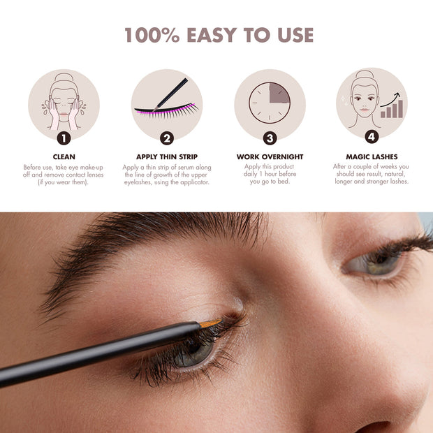 How to use Eyelash Growth Serum: 1. Before use take eye makeup off and remove contact lenses (if you wear them). 2. Apply a thin strip of serum on the upper lash line with the applicator. 3. Let the serum work over night, apply daily 1 hour before you go to bed. 4.  After a couple of weeks you should see result