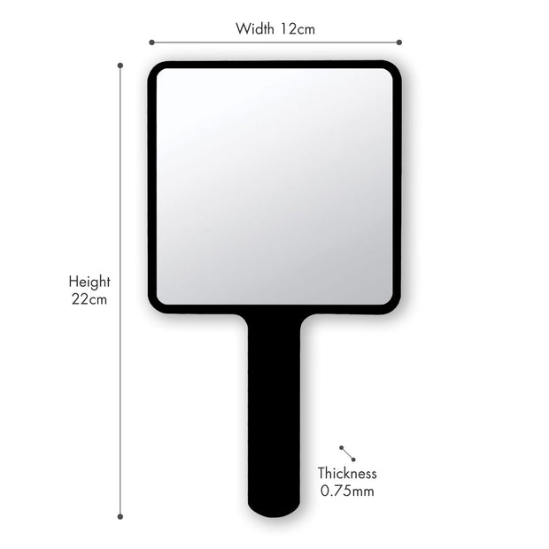 This lightweight yet durable handheld mirror is the perfect mirror for tending your brows, makeup and skincare needs.  Height 22cm, Witdh 12cm Thickness 0,75mm